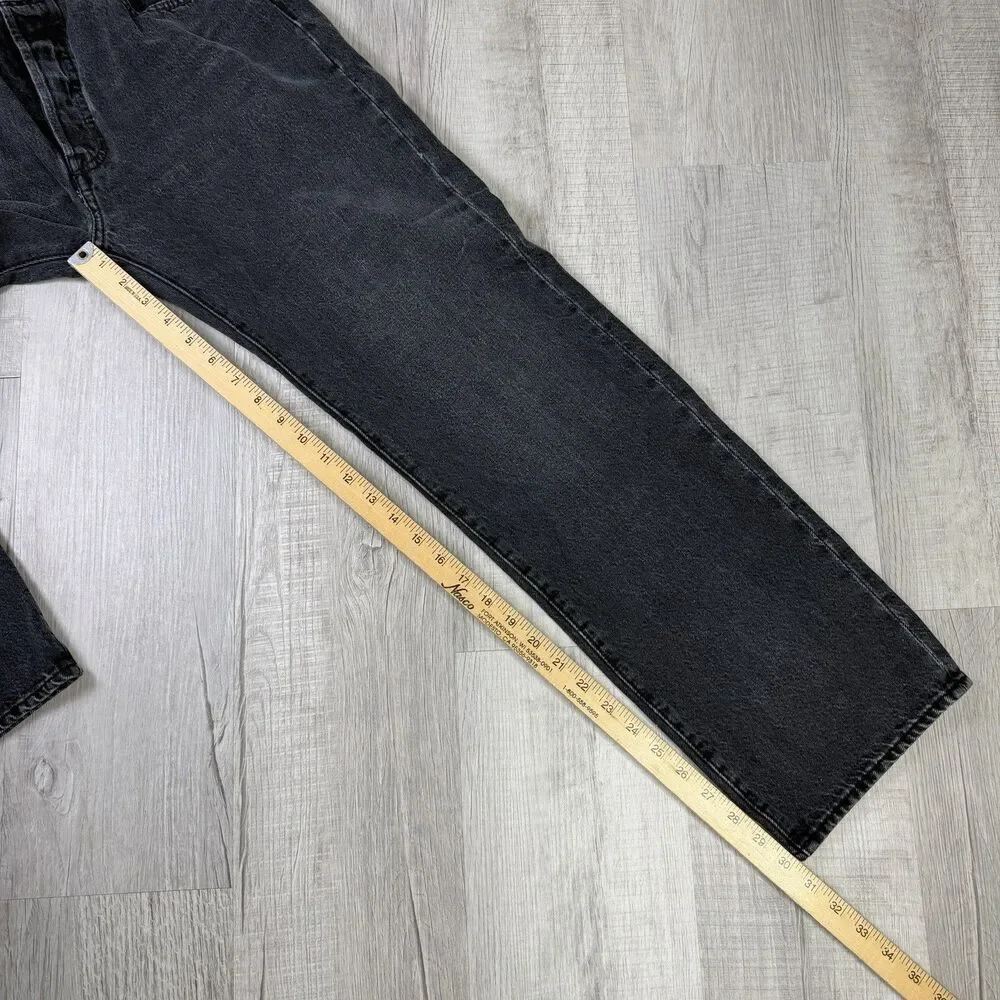 Levis Jeans Mens 33x32 Black 501 Straight Button Fly Western Distressed Denim N - Picture 9 of 13